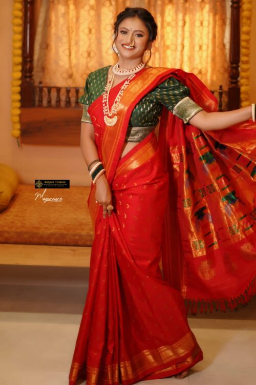 Traditional Red Paithani Silk Saree with Peacock & Parrot Motif Pallu
