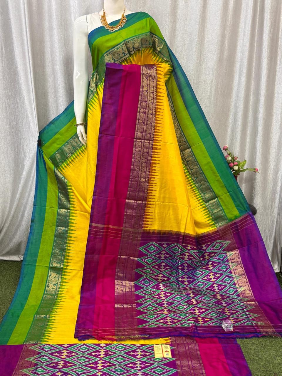 Pure Silk Kanchi Border Pochampally Ikat Silk Saree with Patola Pallu and Blouse Piece